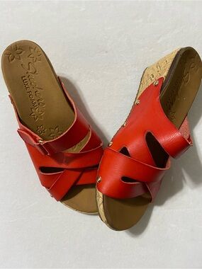 Skechers Red Slip-On Cork-Effect Wedge Mules